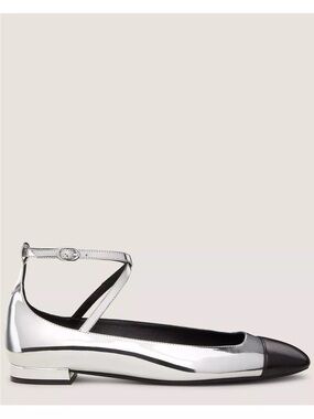STUART WEITZMAN Eden Leather Silver Metallic Ankle-Strap Cap-Toe Flats Shoes